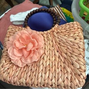 Peach Woven Handbag with Floral Accent